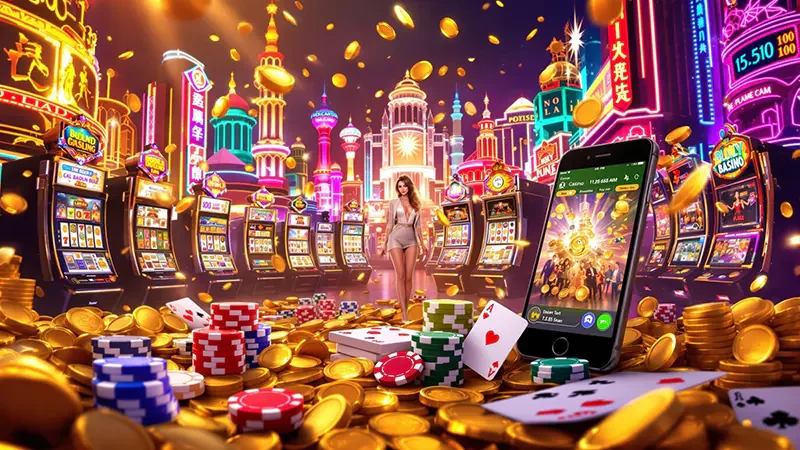 หน้าจอเกมสล็อตวิดีโอพร้อมรีลและเอฟเฟกต์ธีมเกม